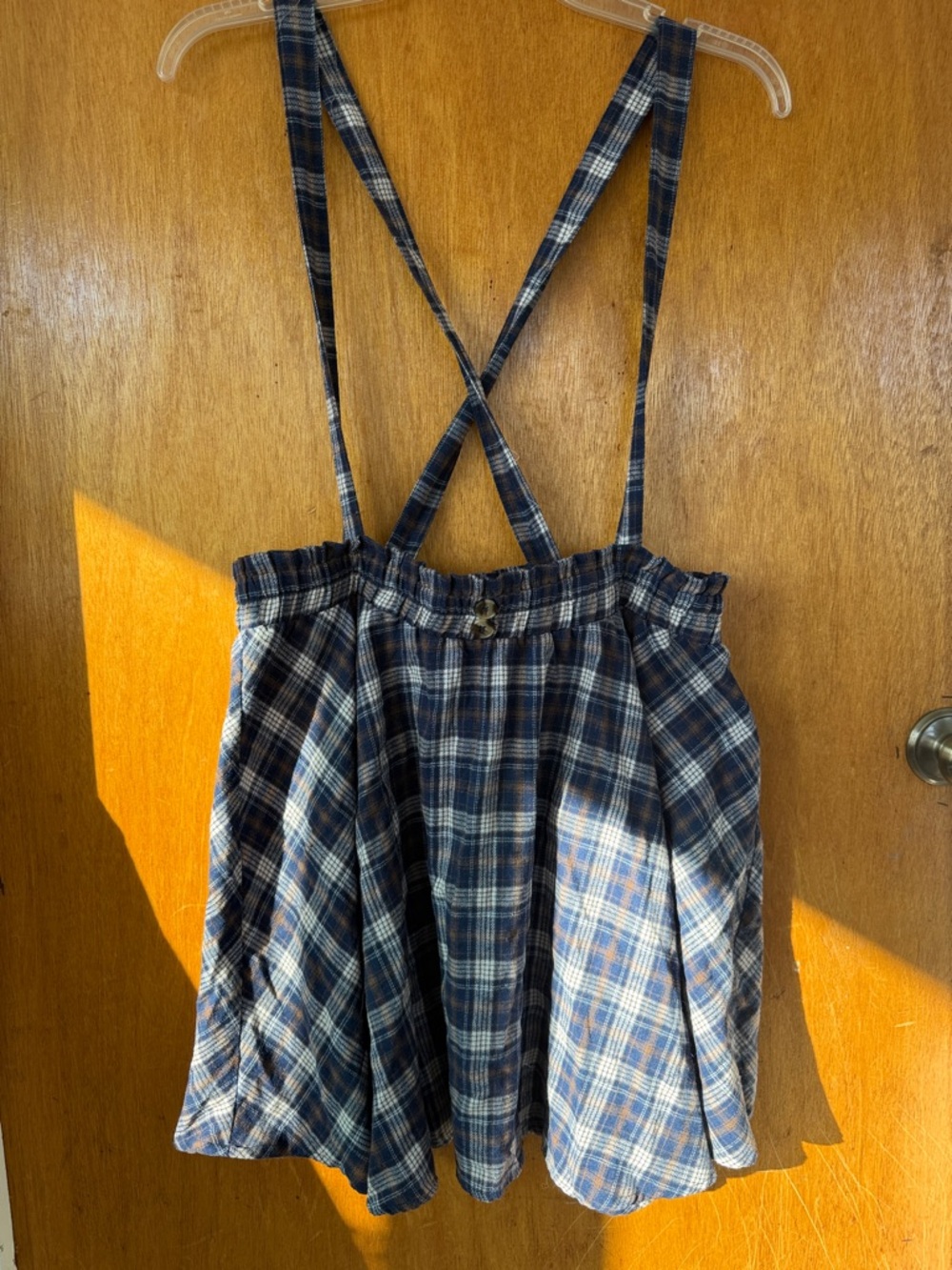 Adjustable button Blue Plaid Suspender Skirt